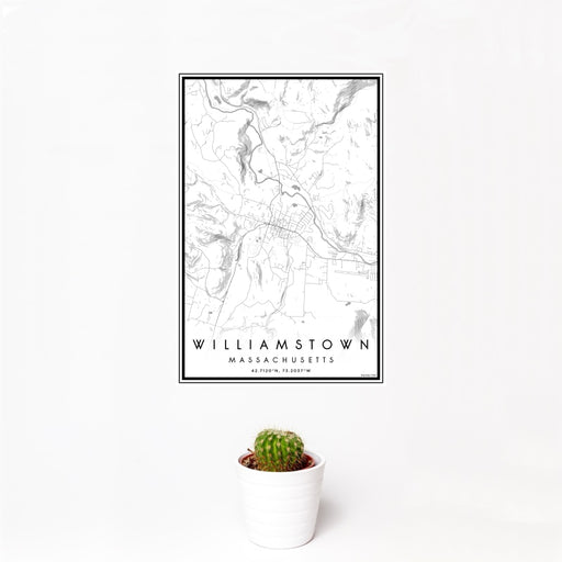 12x18 Williamstown Massachusetts Map Print Portrait Orientation in Classic Style With Small Cactus Plant in White Planter