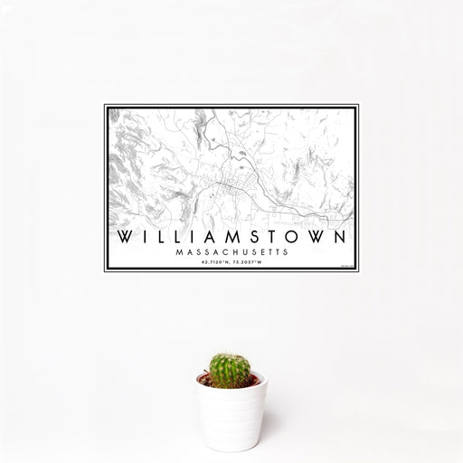12x18 Williamstown Massachusetts Map Print Landscape Orientation in Classic Style With Small Cactus Plant in White Planter