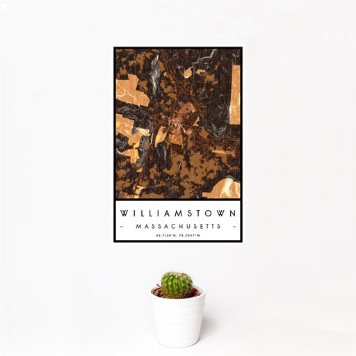 12x18 Williamstown Massachusetts Map Print Portrait Orientation in Ember Style With Small Cactus Plant in White Planter