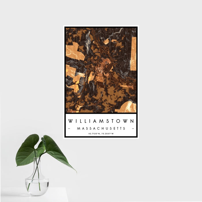 16x24 Williamstown Massachusetts Map Print Portrait Orientation in Ember Style With Tropical Plant Leaves in Water