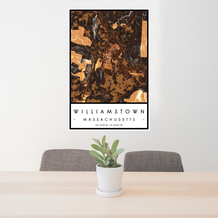 24x36 Williamstown Massachusetts Map Print Portrait Orientation in Ember Style Behind 2 Chairs Table and Potted Plant