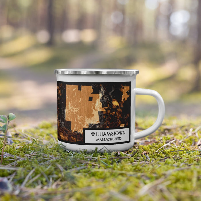Right View Custom Williamstown Massachusetts Map Enamel Mug in Ember on Grass With Trees in Background