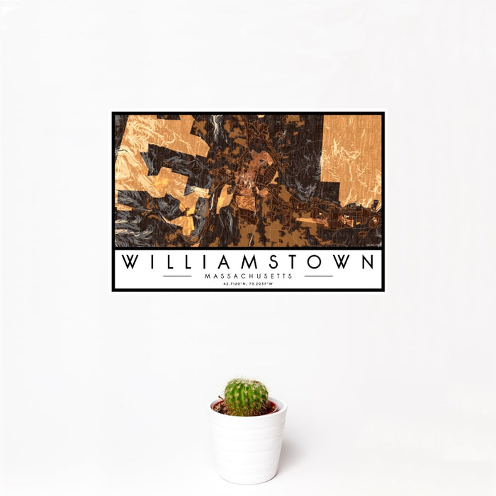 12x18 Williamstown Massachusetts Map Print Landscape Orientation in Ember Style With Small Cactus Plant in White Planter