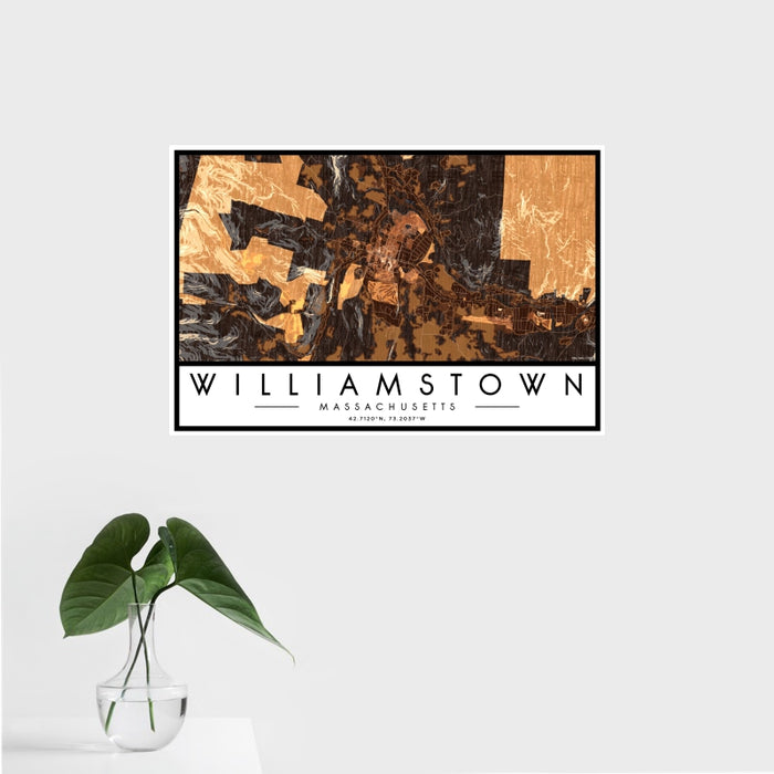 16x24 Williamstown Massachusetts Map Print Landscape Orientation in Ember Style With Tropical Plant Leaves in Water