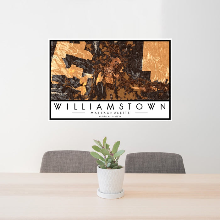 24x36 Williamstown Massachusetts Map Print Landscape Orientation in Ember Style Behind 2 Chairs Table and Potted Plant