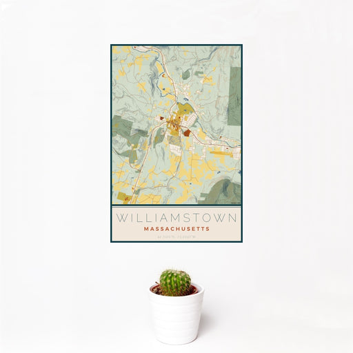 12x18 Williamstown Massachusetts Map Print Portrait Orientation in Woodblock Style With Small Cactus Plant in White Planter