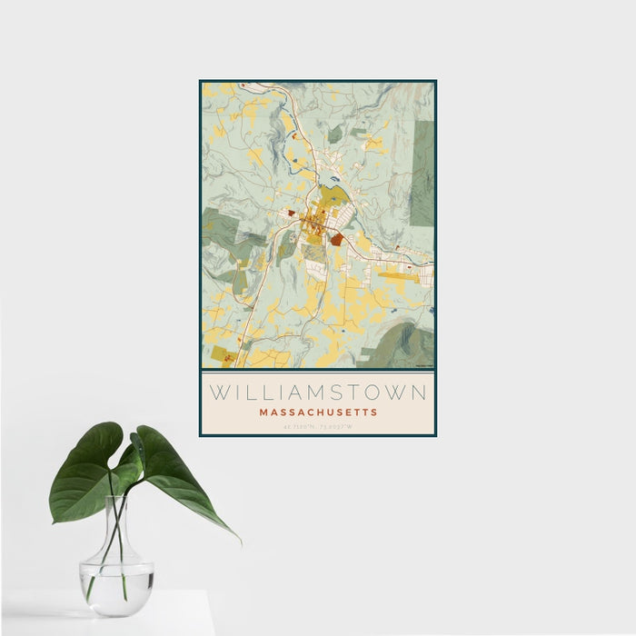 16x24 Williamstown Massachusetts Map Print Portrait Orientation in Woodblock Style With Tropical Plant Leaves in Water