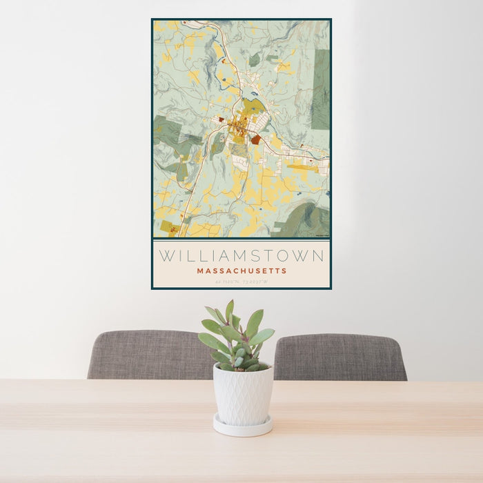 24x36 Williamstown Massachusetts Map Print Portrait Orientation in Woodblock Style Behind 2 Chairs Table and Potted Plant