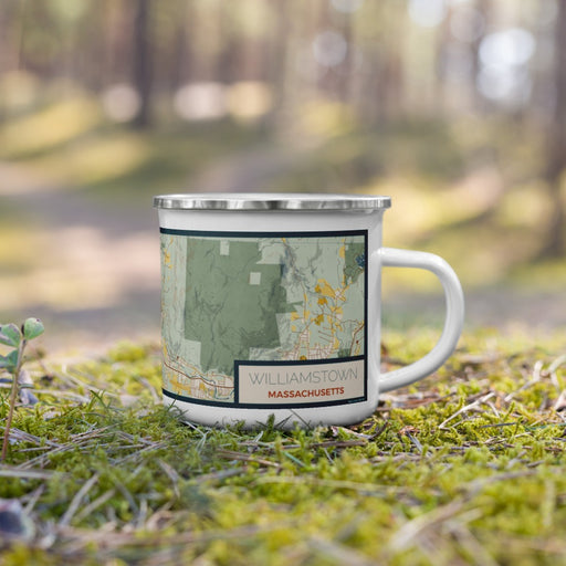 Right View Custom Williamstown Massachusetts Map Enamel Mug in Woodblock on Grass With Trees in Background