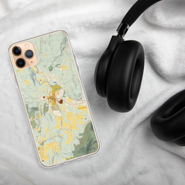 Custom Williamstown Massachusetts Map Phone Case in Woodblock on Table with Black Headphones