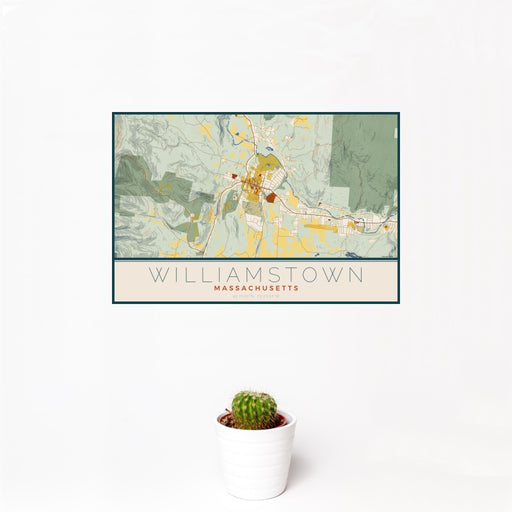 12x18 Williamstown Massachusetts Map Print Landscape Orientation in Woodblock Style With Small Cactus Plant in White Planter