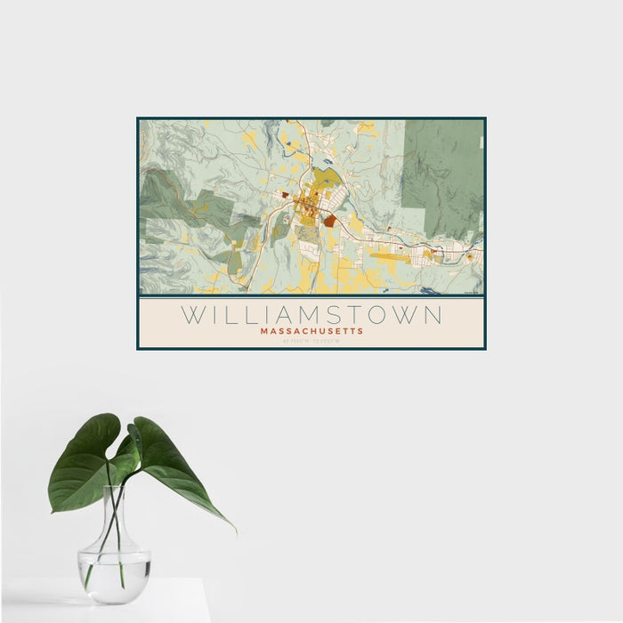 16x24 Williamstown Massachusetts Map Print Landscape Orientation in Woodblock Style With Tropical Plant Leaves in Water