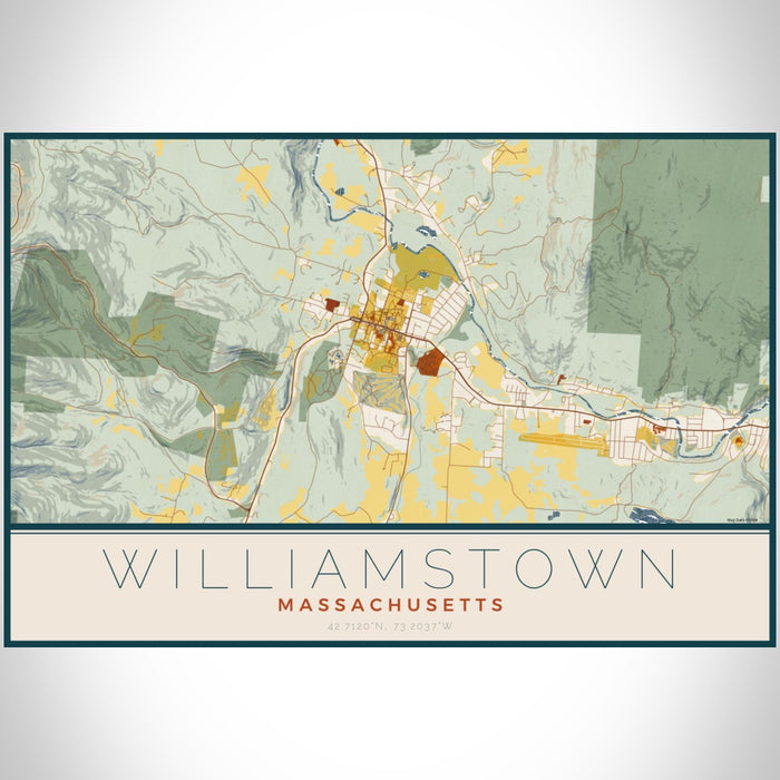 Williamstown Massachusetts Map Print Landscape Orientation in Woodblock Style With Shaded Background