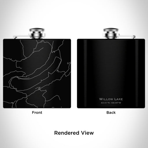 Rendered View of Willow Lake Wyoming Map Engraving on 6oz Stainless Steel Flask in Black