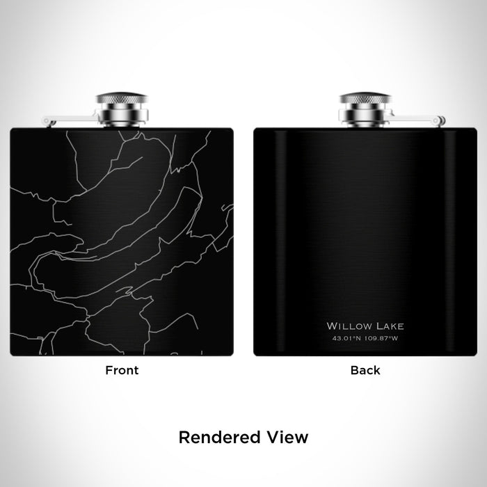 Rendered View of Willow Lake Wyoming Map Engraving on 6oz Stainless Steel Flask in Black