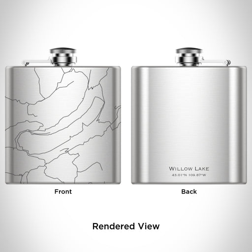 Rendered View of Willow Lake Wyoming Map Engraving on 6oz Stainless Steel Flask