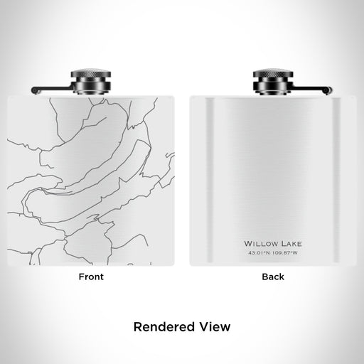 Rendered View of Willow Lake Wyoming Map Engraving on 6oz Stainless Steel Flask in White