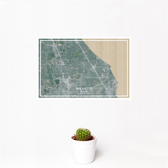 12x18 Wilmette Illinois Map Print Landscape Orientation in Afternoon Style With Small Cactus Plant in White Planter