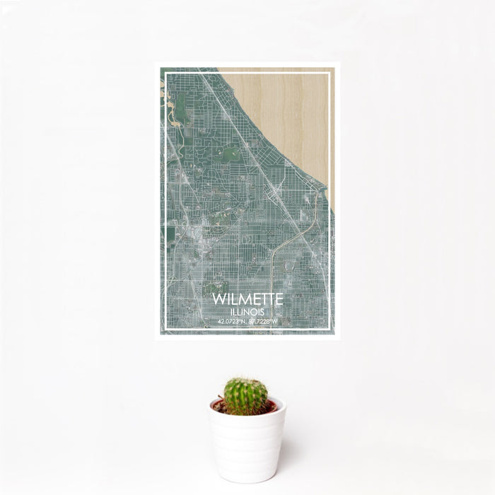 12x18 Wilmette Illinois Map Print Portrait Orientation in Afternoon Style With Small Cactus Plant in White Planter
