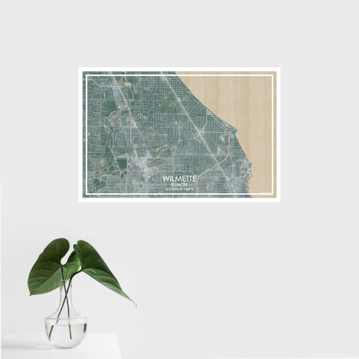 16x24 Wilmette Illinois Map Print Landscape Orientation in Afternoon Style With Tropical Plant Leaves in Water