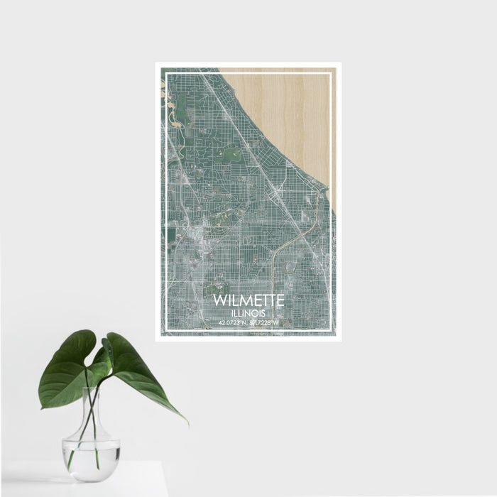 16x24 Wilmette Illinois Map Print Portrait Orientation in Afternoon Style With Tropical Plant Leaves in Water