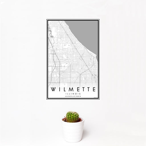 12x18 Wilmette Illinois Map Print Portrait Orientation in Classic Style With Small Cactus Plant in White Planter