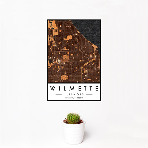 12x18 Wilmette Illinois Map Print Portrait Orientation in Ember Style With Small Cactus Plant in White Planter