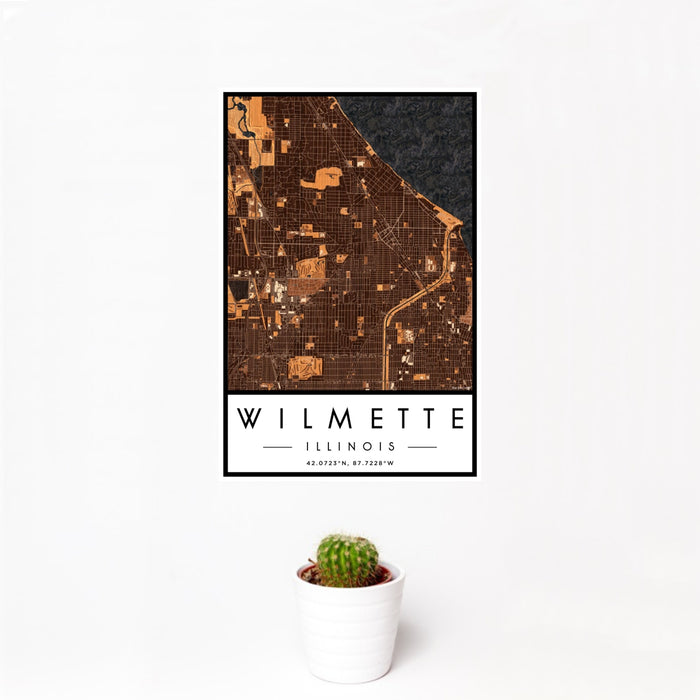 12x18 Wilmette Illinois Map Print Portrait Orientation in Ember Style With Small Cactus Plant in White Planter