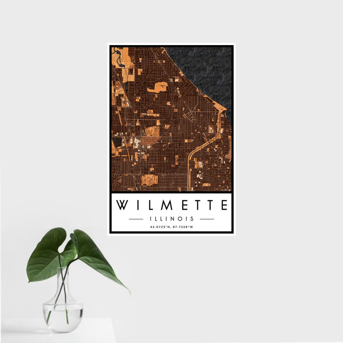 16x24 Wilmette Illinois Map Print Portrait Orientation in Ember Style With Tropical Plant Leaves in Water
