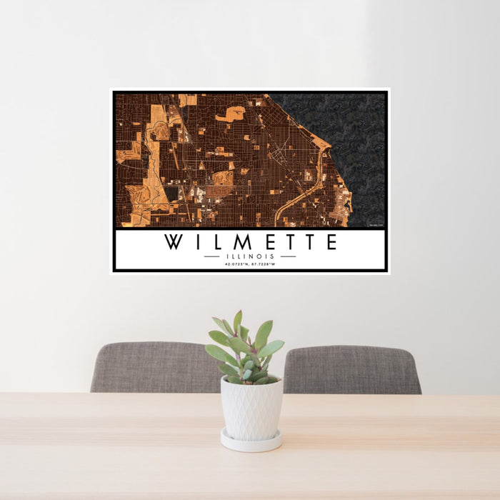 24x36 Wilmette Illinois Map Print Landscape Orientation in Ember Style Behind 2 Chairs Table and Potted Plant