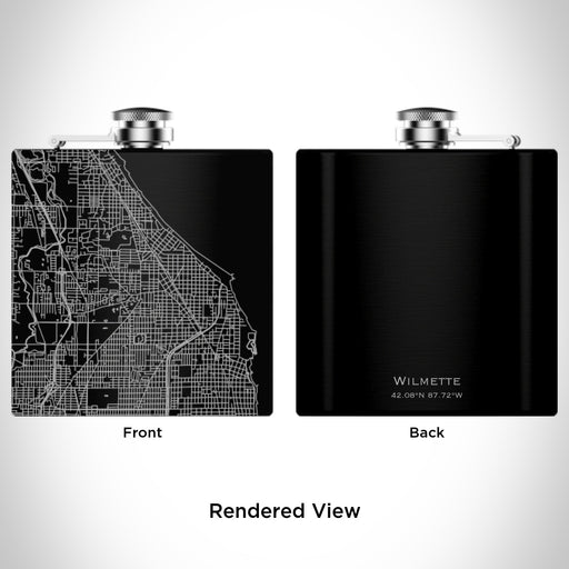 Rendered View of Wilmette Illinois Map Engraving on 6oz Stainless Steel Flask in Black