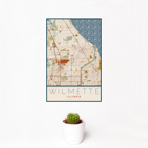 12x18 Wilmette Illinois Map Print Portrait Orientation in Woodblock Style With Small Cactus Plant in White Planter