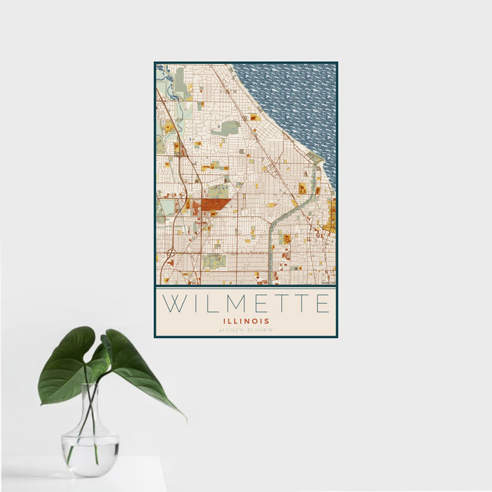16x24 Wilmette Illinois Map Print Portrait Orientation in Woodblock Style With Tropical Plant Leaves in Water
