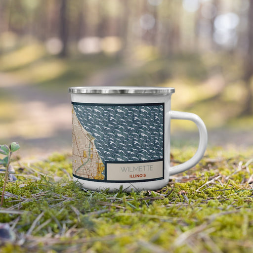 Right View Custom Wilmette Illinois Map Enamel Mug in Woodblock on Grass With Trees in Background