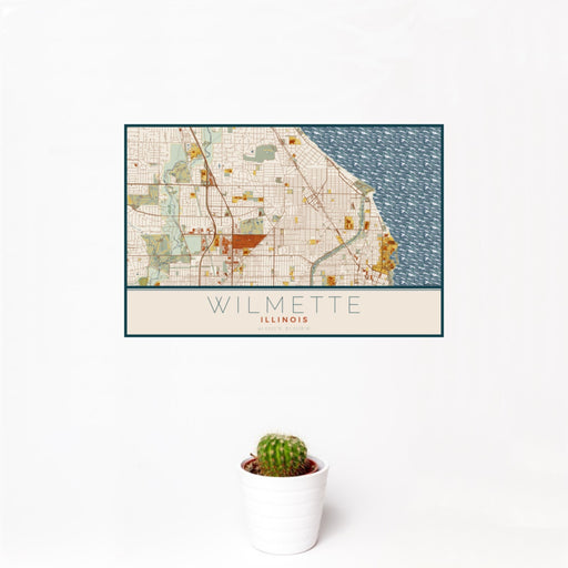 12x18 Wilmette Illinois Map Print Landscape Orientation in Woodblock Style With Small Cactus Plant in White Planter