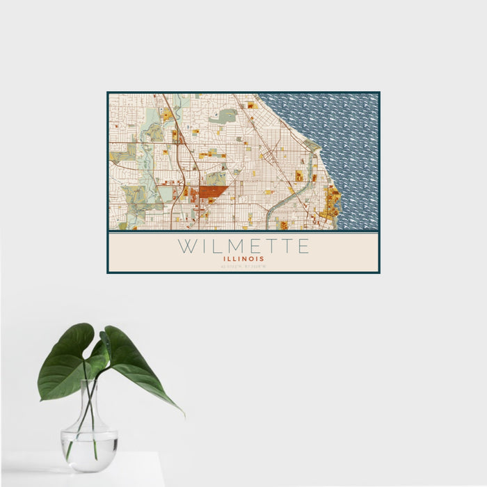 16x24 Wilmette Illinois Map Print Landscape Orientation in Woodblock Style With Tropical Plant Leaves in Water