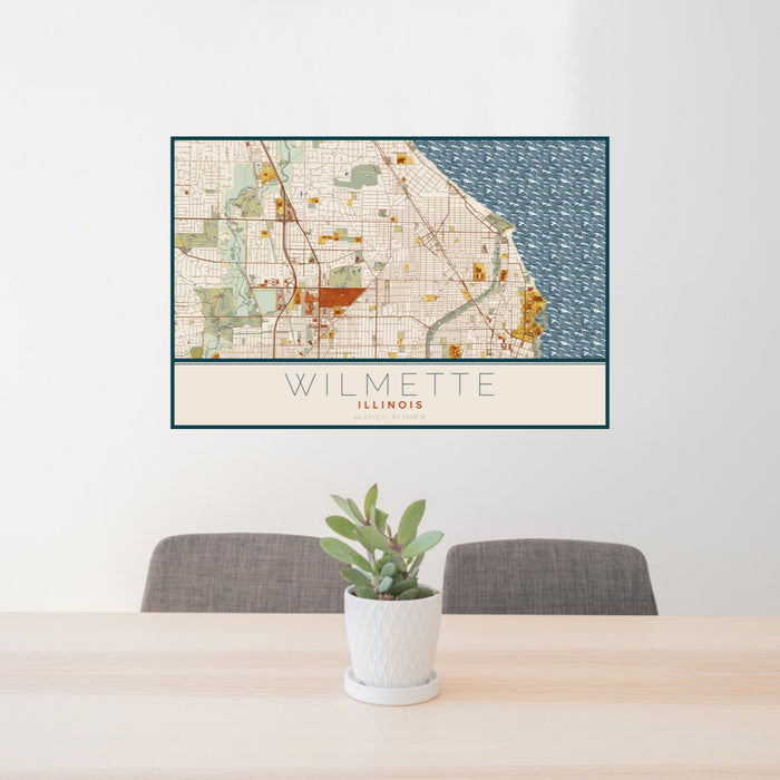 24x36 Wilmette Illinois Map Print Landscape Orientation in Woodblock Style Behind 2 Chairs Table and Potted Plant
