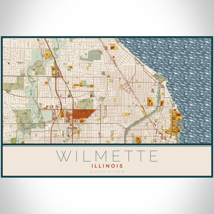 Wilmette Illinois Map Print Landscape Orientation in Woodblock Style With Shaded Background