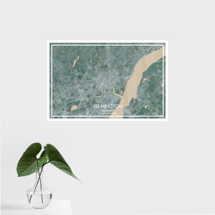 16x24 Wilmington Delaware Map Print Landscape Orientation in Afternoon Style With Tropical Plant Leaves in Water