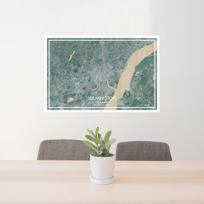 24x36 Wilmington Delaware Map Print Lanscape Orientation in Afternoon Style Behind 2 Chairs Table and Potted Plant