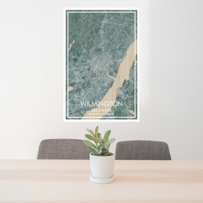 24x36 Wilmington Delaware Map Print Portrait Orientation in Afternoon Style Behind 2 Chairs Table and Potted Plant