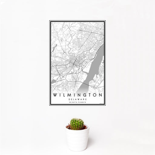 12x18 Wilmington Delaware Map Print Portrait Orientation in Classic Style With Small Cactus Plant in White Planter