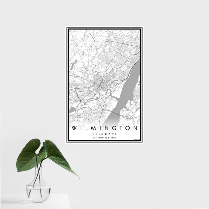 16x24 Wilmington Delaware Map Print Portrait Orientation in Classic Style With Tropical Plant Leaves in Water