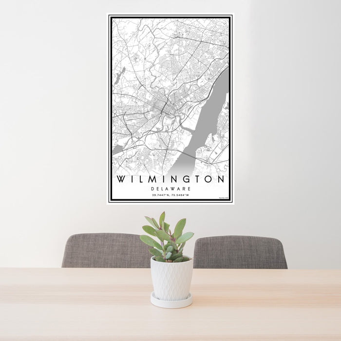 24x36 Wilmington Delaware Map Print Portrait Orientation in Classic Style Behind 2 Chairs Table and Potted Plant