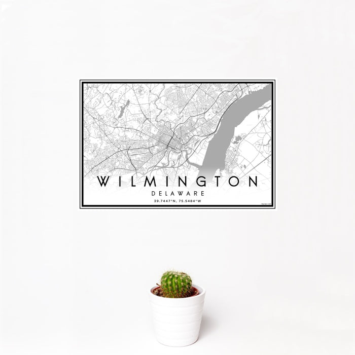 12x18 Wilmington Delaware Map Print Landscape Orientation in Classic Style With Small Cactus Plant in White Planter