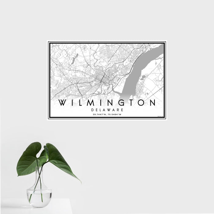 16x24 Wilmington Delaware Map Print Landscape Orientation in Classic Style With Tropical Plant Leaves in Water