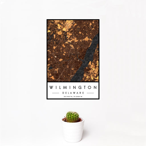 12x18 Wilmington Delaware Map Print Portrait Orientation in Ember Style With Small Cactus Plant in White Planter