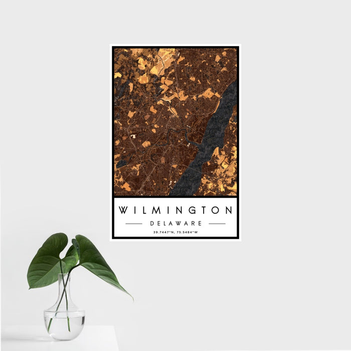 16x24 Wilmington Delaware Map Print Portrait Orientation in Ember Style With Tropical Plant Leaves in Water