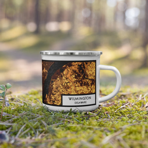 Right View Custom Wilmington Delaware Map Enamel Mug in Ember on Grass With Trees in Background