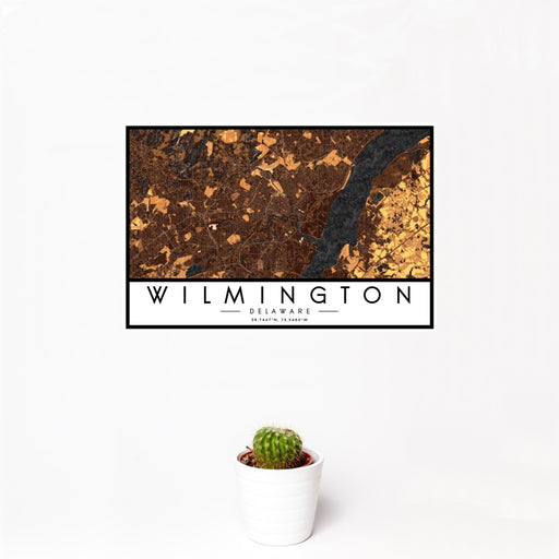 12x18 Wilmington Delaware Map Print Landscape Orientation in Ember Style With Small Cactus Plant in White Planter